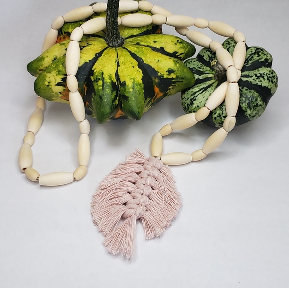 Farmhouse wood beads with Pink Tassel, Natural Wood, 17" length - Picture 4 of 4